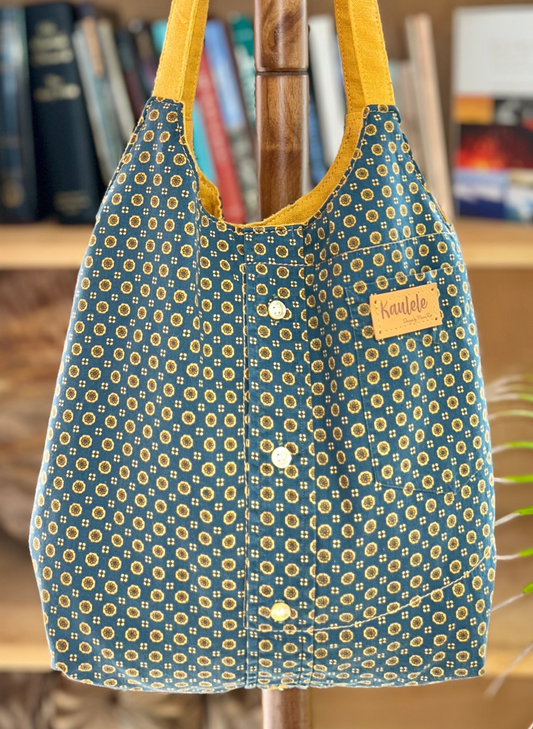 Up-Cycled Aloha Navy Gold Flower